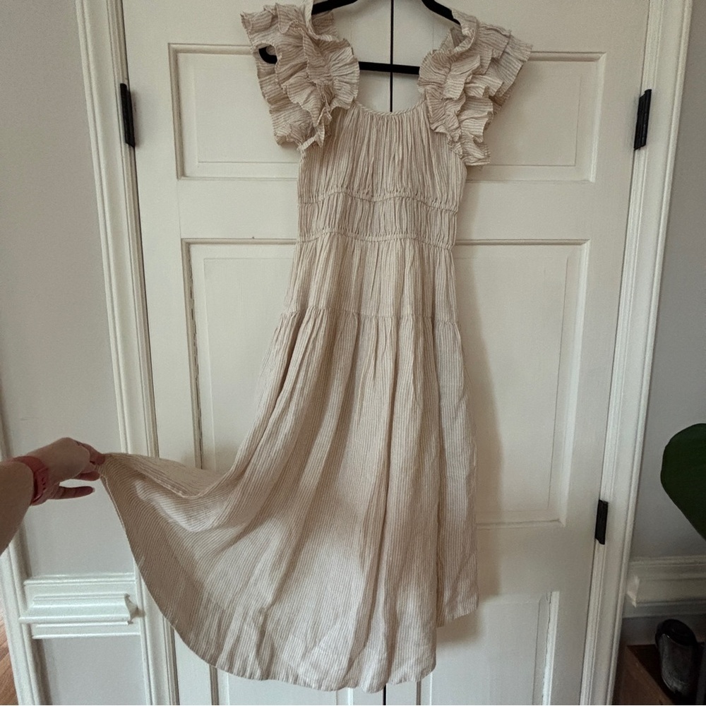 Ulla Johnson Rissa Dress Sand Linen Striped Ruffle Nap Midi Dress Size 2 Beach - Picture 15 of 16
